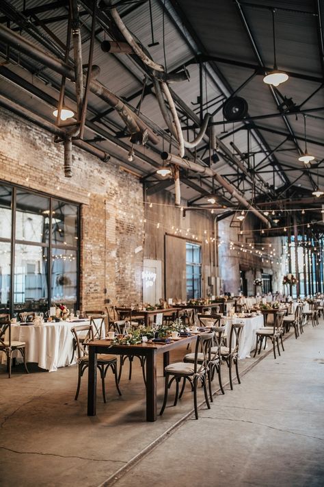 Modern Warehouse Wedding, Modern Industrial Wedding Dress, City Loft Wedding, Fall Warehouse Wedding, Warehouse Venue Industrial Chic, Chic Industrial Wedding, Wedding Venues Minneapolis, Loft Style Wedding, Industrial Theme Wedding