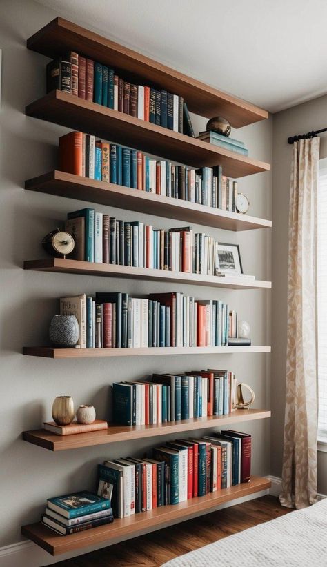 20 Beautiful Bedroom Wall Decor Ideas For Instant Style Book Shelves In Bedroom Wall, Book Shelf Ideas Bedroom Wall, Bookshelves In Bedroom Ideas, Bookshelves Above Bed, Bedrooms With Bookshelves, Bedroom Wall Storage Ideas, Bookshelf Above Bed, Bedroom With Bookshelves, Bedroom With Bookshelf