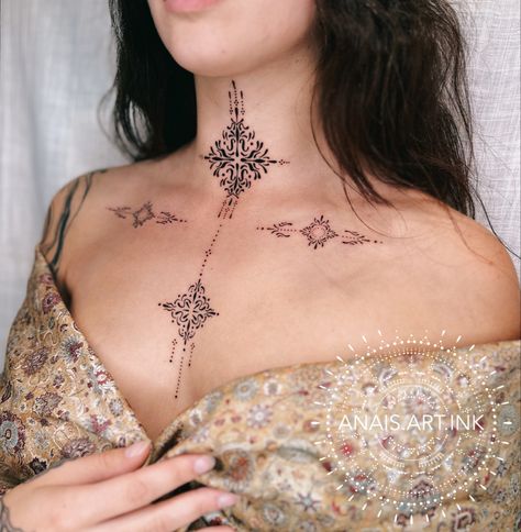 Tattoo ornamental on chest and throat , feminine , fine line work Ornamental Throat Tattoo, Fine Line Chest Tattoo, Fine Line Ornamental Tattoo, Ornamental Neck Tattoo, Ornamental Chest Tattoo, Ornaments Tattoo, Flash Ideas, Throat Tattoo, Ornamental Tattoo