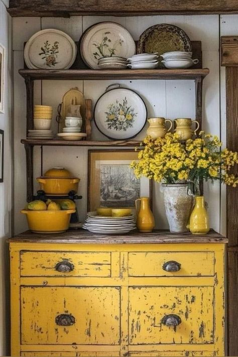 Welcoming Entryway, Narrow Boats, Cottage Dining Rooms, Cottagecore Room Decor, Cottagecore Home, Farmhouse Decor Ideas, Cottage Kitchens, Country Kitchen Decor, Yellow Kitchen