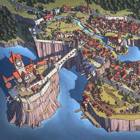 Fantasy Town Layout, City Map Fantasy Art, Fantasy City Medieval, Medieval Town Map, Fantasy City Illustration, Medieval Fantasy Building Concept Art, Fantasy City Design, Fantasy World Building Art, Dnd Town Art