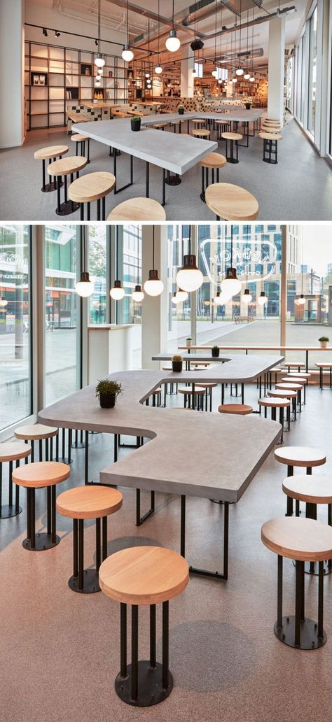 This modern cafe features a a snake-like, concrete shared table along the facade.   Studio Akkerhuis has recently completed the design of the Lebkov & Sons Café in Amsterdam, that features the use of Wood-Skin, steel, and concrete Contemporary Cafe, Café Design, Communal Table, Modern Cafe, Coffee Shops Interior, Coffee Shop Design, Tables And Chairs, Table Cafe, Cafe Interior Design