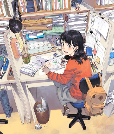 Illustration Pop Art, Perspective Art, Japon Illustration, 판타지 아트, A Desk, 영감을 주는 캐릭터, Art Anime, Anime Scenery, Animation Art