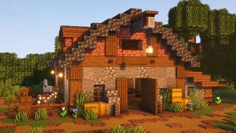 Cowboy House Minecraft, Minecraft Donkey Stable, Red Barn Minecraft, Animal Stable Minecraft, Spruce Barn Minecraft, Minecraft Barnhouse, Minecraft Archery House, Ranch House Minecraft, Barns Minecraft