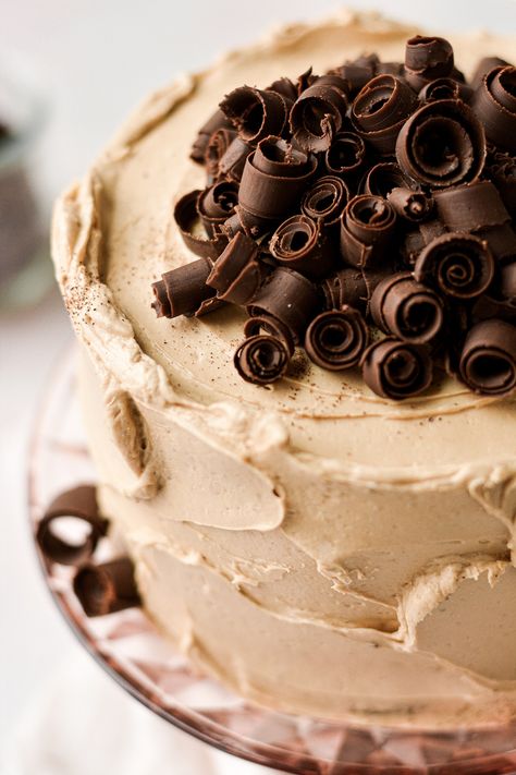 Espresso Cake Recipe, Fluffy Coffee, Chocolate Espresso Cake, Espresso Cake, Coffee Buttercream, Chocolate Curls, Chocolate Espresso, High Altitude, No Bake Treats