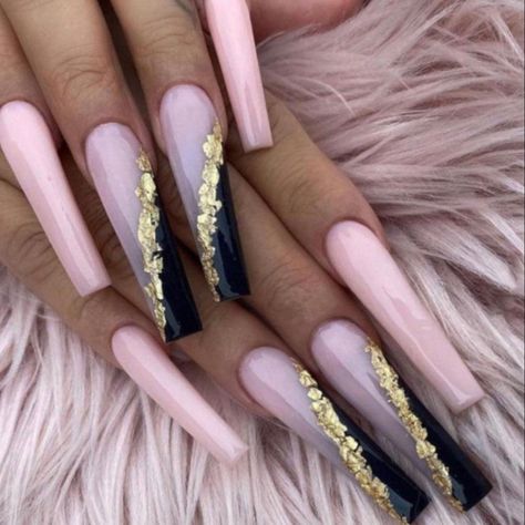 Kamize Pink xl Press on Nails Long Fake Nails Coffin Full Cover Gold False Nails for Women and Girls24PCS : Beauty & Personal Care Nails Xl Ballerina, Xl Ballerina Nails, Ballerina Acrylic Nails, Ballerina Nails Designs, Shellac Nail Art, Natural Manicure, Long Press On Nails, Nails For Women, Ballerina Nails