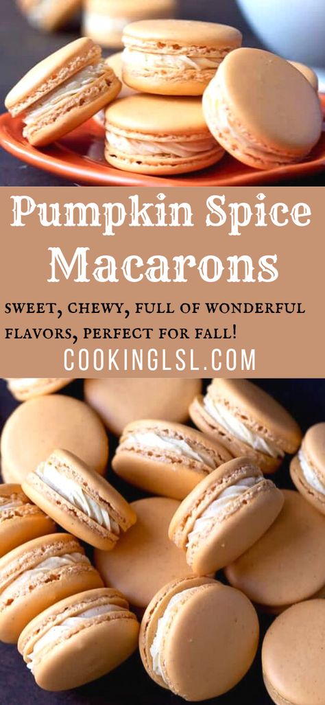 Pumpkin Spice Macarons, Pie Macarons, French Macaroon Recipes, Macaron Recipes, Spiced Buttercream, Macarons Recipe, Pumpkin Spice Cheesecake, Seasonal Baking, Macaroon Cookies