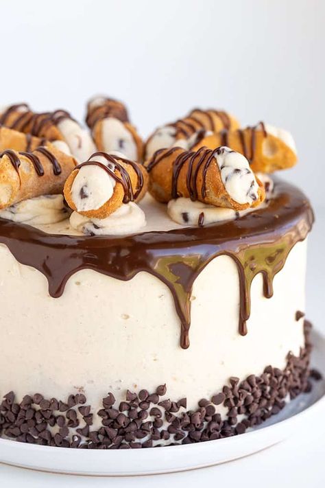 Cannoli Cake - This Cannoli Cake Recipe has a delicious, homemade vanilla cake filled with a cannoli frosting that has mascarpone, ricotta cheese, cinnamon, vanilla, and all of the amazing flavors of a cannoli. It's the perfect cake for any occasion especially the holidays! #cookiedoughandovenmitt #cake Cannoli Cake Filling Recipe, Kids Cake Flavor Ideas, Cannoli Cake Wedding, Different Birthday Cakes, Cheesecake Designs, Cannoli Frosting, Cannoli Cake Recipe, Cannoli Desserts, Cannoli Cake