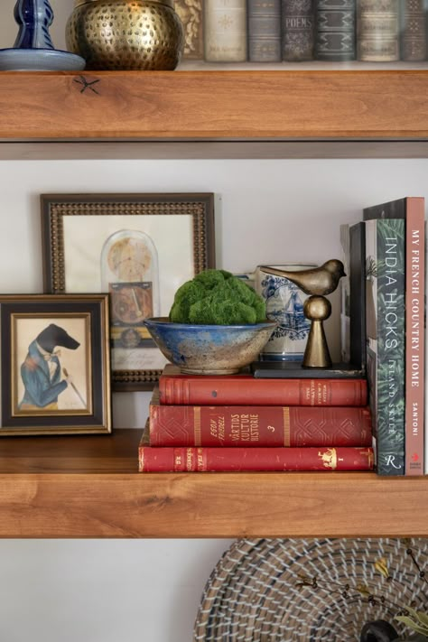 Countryside Retreat: At Home with an Interior Stylist  - Nell Hill's Eclectic Bookshelf Decor, Man Shelf Decor, How To Style The Top Of A China Cabinet, Ralph Lauren Bookshelf Styling, How To Display Nick Nacks, Wood Bookshelf Styling, One Shelf Decor, Brown Bookshelf Styling, Gallery Wall With Shelves Living Room