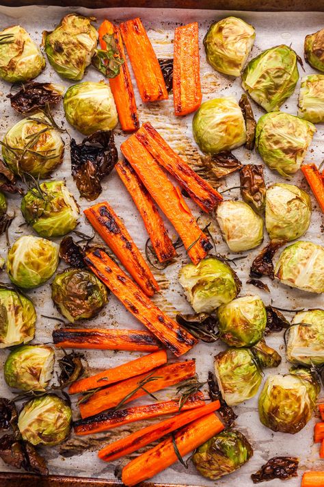 Roasted Brussels Sprouts and Carrots Carrots And Brussel Sprouts, Crispy Brussel Sprouts, Vegetable Side Dish, Pan Recipe, Flavorful Vegetables, Warm Salad, Roasted Brussels Sprouts, Great Northern Beans, Glazed Carrots