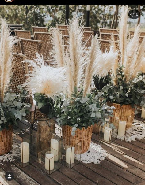 Bohemian Eucalyptus Wedding, Boho Wedding Ceremony Indoor, Burlap Isle Runners, Boho Wedding With Greenery, Rustic Centerpiece Wedding Diy, Western Eucalyptus Wedding, Eucalyptus And Pampas Grass Wedding Decor, Cheap Boho Centerpieces, Pampas Grass Whiskey Barrel