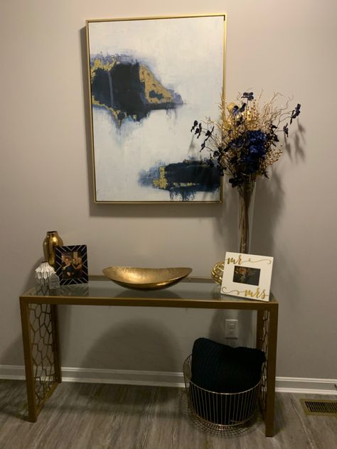 Glass Entrance Table Decor, Navy And Gold Hallway, Navy Blue And Gold House Decor, Gold Entryway Table Decor, Black And Gold Entryway Decor, Blue And Gold House Decor, Front Entry Table Decor, Foyer Decorating Entryway Front Entry, Gold Entryway Table