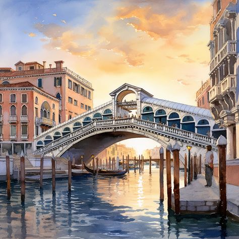 Rialto Bridge Painting, Venice Painting, Beautiful Landscape Paintings, Watercolor Paintings Nature, Architect Drawing, Pastel Poster, Rialto Bridge, Glass Painting Designs, City Painting