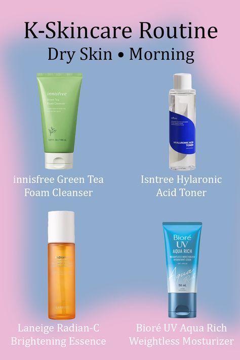 innisfree Green Tea Foam Cleanser, Isntree Hylaronic Acid Toner, Laneige Radian-C Brightening Essence, Bioré UV Aqua Rich Weightless Mosturizer Innisfree Skincare, Skincare Routine For Dry Skin, Routine For Dry Skin, Skincare For Dry Skin, Skin Korean, Morning Skincare Routine, Dry Skin Care Routine, Simple Skincare Routine, Morning Skincare