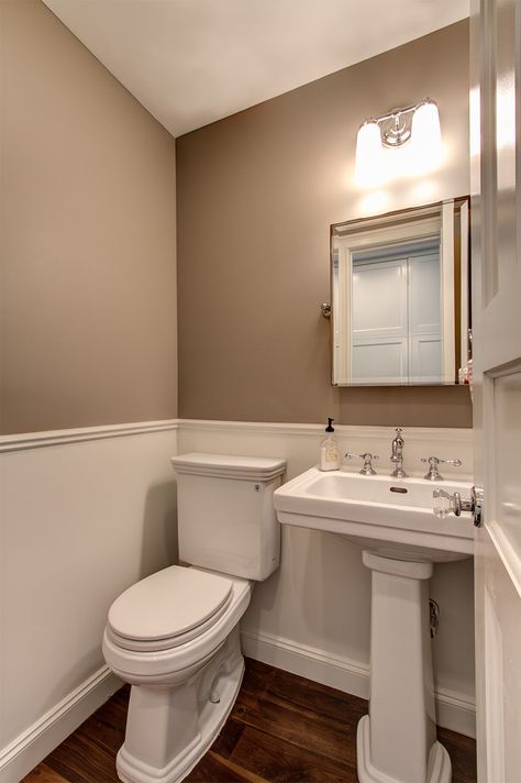 Powder room in a brownstone renovation. Park Slope, Brooklyn.  Ben Herzog, Architect. Traditional Powder Room, Brown Dining Room, Small Bathroom Colors, Wainscoting Bathroom, Bathroom Color Schemes, Light Bathroom, Bathroom Color, Chair Rail, Trendy Bathroom