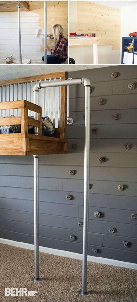 This DIY shiplap accent wall would be the perfect addition to any kid’s bedroom. Ashley from Simply Designing offers you her full tutorial so you can get this stylish look in your own home. Ashley painted her shiplap wall a dark shade of Iron Mountain. Then, she used small grips to create an indoor climbing wall. A rustic wood and metal bunkbed help to complete the industrial modern style of this bedroom. Kids Indoor Play, Indoor Climbing Wall, Kids Loft, Murphy Bed Plans, Diy Shiplap, Rock Climbing Wall, Kids Bunk Beds, Room Deco, Boys Bedding