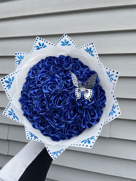 100% customizable! Message me! Royal Blue Ramo, Royal Blue Ramo Quince, Quinceanera Bouquet Blue, Quince Bouquet Blue, Quinceanera Flower Bouquet Blue, Eternal Roses, Blue Eternal Rose Bouquet, Ribbon Rose Bouquets, Roses Bouquet Gift