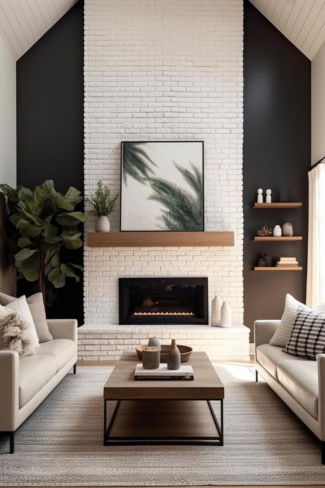 Small Living Room With Stone Fireplace, Boho Stone Fireplace, White Washed Brick Fireplace With Mantle, Black Wood Panel Fireplace Wall, 1980s Fireplace Makeover, Brick Fireplace Tv Wall, Black Fireplace Living Room, Black White And Brown Living Room, Gas Fireplace Ideas With Tv Above