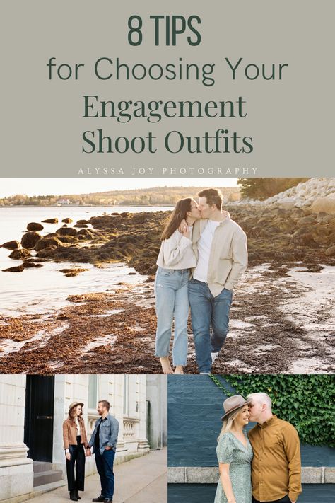 Couple Engagement Outfit Ideas, Engagement Photo Shoot Hairstyles, Engagement Photos White Top And Jeans, Cozy Engagement Photos Outfits, Couples Complimenting Outfits, Neutral Engagement Outfits Fall, Casual Outfit Engagement Pictures, Semi Casual Engagement Photos, Engagement Wardrobe Ideas