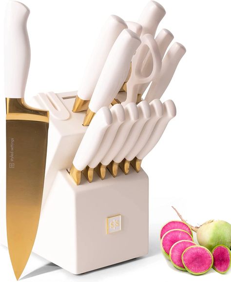 Amazon.com: White and Gold Knife Set with Block Self Sharpening - 14 PC Titanium Coated Gold and White Kitchen Knife Set and White Knife Block with Sharpener, White and Gold Kitchen Accessories and Decor : Tools & Home Improvement Gold And White Kitchen, White Kitchen Knife Set, Gold Knife Set, White And Gold Kitchen, Gold Kitchen Utensils, White Kitchen Utensils, Gold Utensils, Gold Knife, Gold Kitchen Accessories