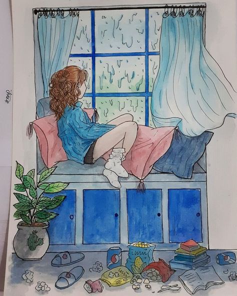 Rainy Sketch Drawings, Rain Window Illustration, Rain Drawing Ideas, Monsoon Sketch, Raining Day Drawing, Rainy Day Drawing Watercolors, Girl In Rain Drawing, Rain Art Drawings, Rain Illustration Rainy Days