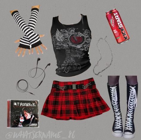 Emo Mcr Outfits, Mcr Outfit Aesthetic, Emo Punk Outfits 2000s, Emo Aesthetic Outfit 2000s, 2000 Emo Outfits, Mcr Inspired Outfits, Emo Outfit Board, Concert Outfit Emo, Mcr Outfits