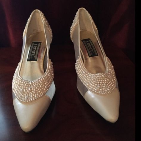 Ivory pearl and mesh pumps perfect for wedding. Kitten heel. No flaws. Never worn.  Both heel taps Need replacing. Reasonable offers considered. Box not included.  These are NARROW width. J. Renee Shoes Heels J Renee Shoes, Heel Taps, Heel Tap, Ivory Pearl, Wedding Color, Kitten Heel, White Cream, Cream White, Christian Louboutin Pumps