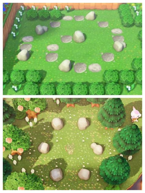 Acnh Pond Decorations, Acnh Stone Garden Ideas, Animal Crossing Stone Garden, Glowing Moss Pond Acnh, Acnh Flower Garden Layout Ideas, Animal Crossing Pond Ideas, Acnh Fruit Tree Layout, Acnh Pond Idea, Acnh Pond Shape