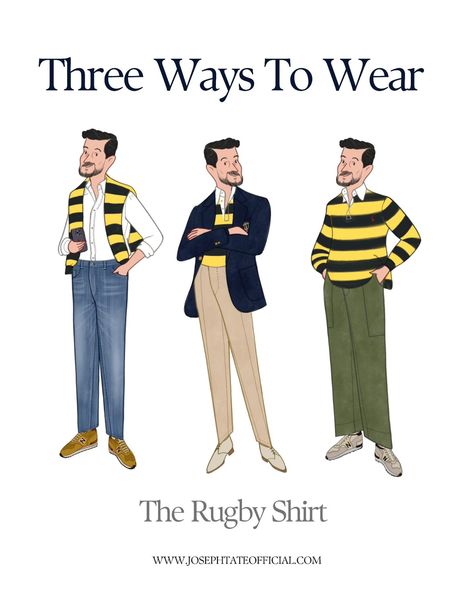 Joseph Tate | It's Monday again, gentlemen, and we bring to you another episode from our weekly series, 'Three Ways to Wear,' where we unveil three… | Instagram Rugby Shirt Outfit, Preppy Outfits Men, Menswear Illustration, Mens Preppy Outfits, Layered Clothing, It's Monday Again, Clothes Preppy, Preppy Handbook, Preppy Man