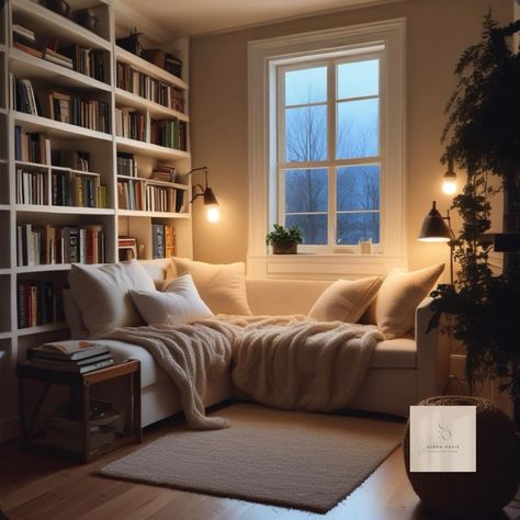 📚 A cozy reading nook is a wonderful idea! Can you imagine curling up in a soft chair surrounded by fluffy pillows, with a warm blanket draped over you. The gentle glow of warm lighting sets the perfect mood, making it an inviting retreat from the everyday life. Add a small bookshelf or a nearby table to hold your favorite reads and a steaming cup of tea or coffee. A few plants that can bring life to the space, while some personal touches—like framed photos or artwork—can make it uniquely yo... Cozy Corner Reading Nook, Loft Reading Nook, Small Reading Nook Cozy Corner, Comfy Reading Nook, Cozy Book Nook, Cozy Reading Room, Reading Den, Reading Living Room, Comfy Corner