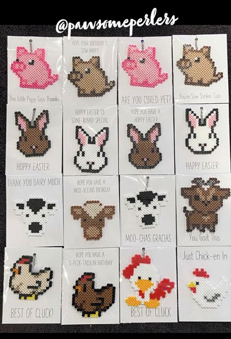 Farm animal cards made from perler bead artwork #bunnyperler #chickenperler #cowperler #farmperler #goatperler #pigperler #perler #perlerbeadart #perlerart Perler Bead Farm Animals, Pig Perler Beads, Bead Artwork, Sheep Farm, Bead Ideas, Pixel Art Pattern, Perler Beads Designs, Perler Bead Art, Animal Cards