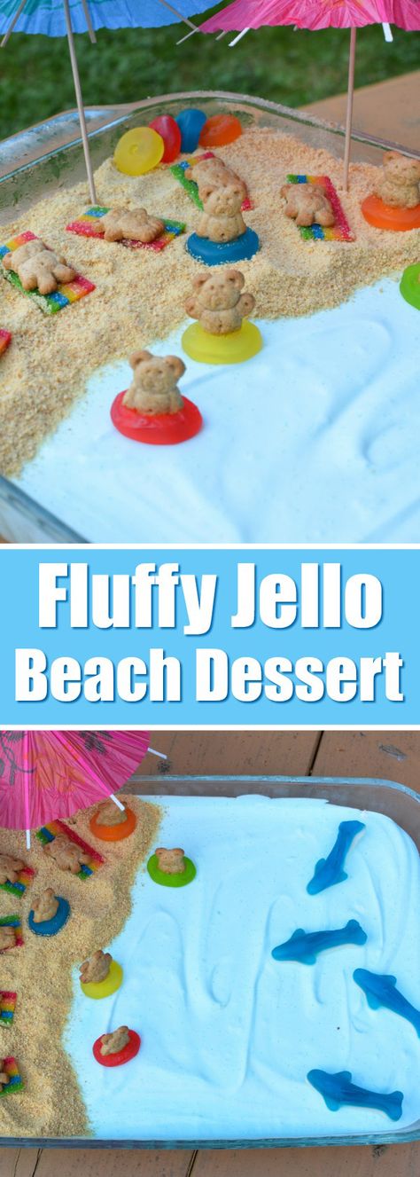 Fluffy Jello, Beach Theme Desserts, Sand Dessert, Graduation Snacks, Summer Party Food, Gummy Sharks, Graham Cracker Dessert, Raspberry Jello, Beach Dessert