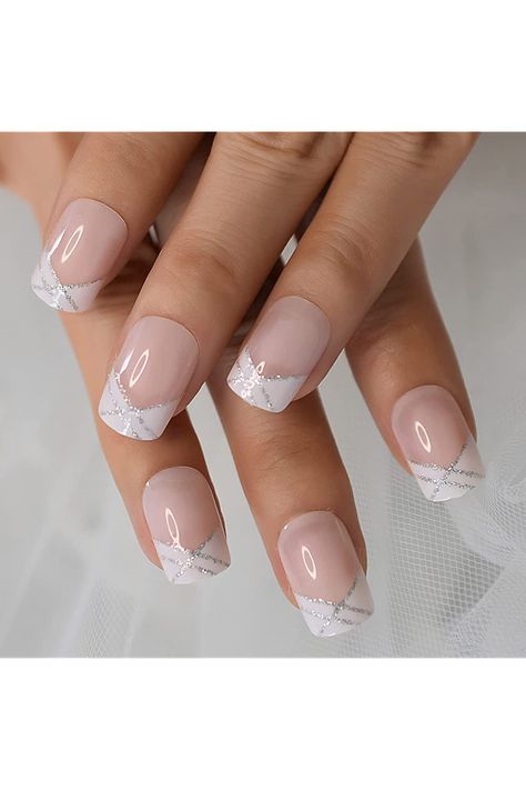 French Nail Gel Designs, French Tip Nails With Sparkle Line, French Acrylic Nails Squoval, Air Force Nails Designs, White Nail Tip Designs, White Tip With Glitter, French Manicure Dip Nails, French Tip Nails With Design Glitter, French Tips With Glitter Line