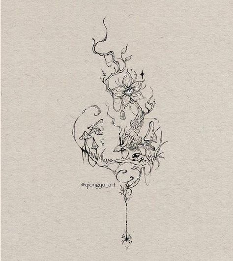 Halloween Related Tattoos, Dainty Whimsical Tattoo, Tattoos About Dreaming, Etheral Tattoo Design, Ethereal Flash Tattoo, Ethereal Sleeve Tattoo, Forest Inspired Tattoo, Mystical Back Tattoos, Whimsical Leg Tattoo