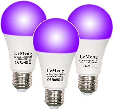 LeMeng LED Black Lights Bulb 9W Blacklight A19(75Watt Equivalent), E26 Medium Base 120V, UVA Level 395-400nm, Glow in The Dark for Blacklights Party, Body Paint, Fluorescent Poster- 3 Pack Painted Window Frames, Black Lights, Blacklight Party, Uv Black Light, Pendant Fixture, Glow Party, Incandescent Lamp, Led Light Bulbs, Led Light Bulb