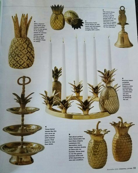 Coastal Living - Judy's Junktion Etsy Our Brass Pineapple Tray, Pineapple Vase/jars Pineapple Centerpiece Cartersville Georgia, Pineapple Centerpiece, Pineapple Vase, Coastal Living Magazine, Brass Pineapple, Hollywood Regency Decor, Brass Figurines, Pineapple Decor, Living Magazine