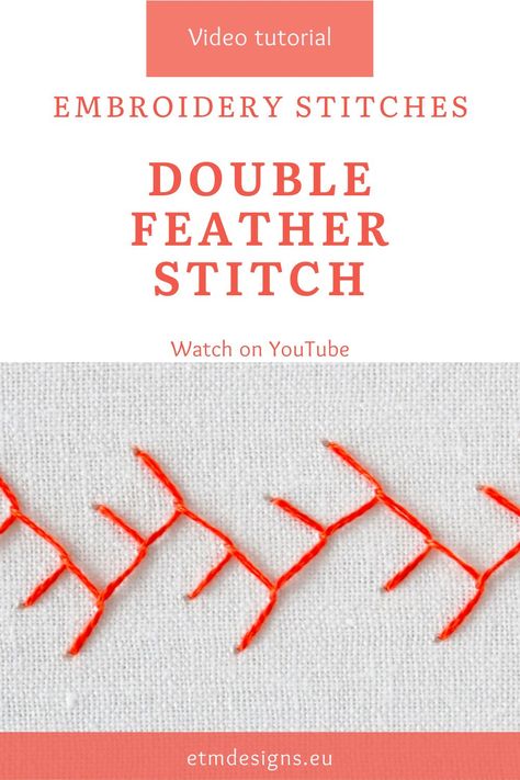 A double feather stitch is a variation of a simple feather stitch. The double feather stitch is excellent for decorating the seams and for borders. You can combine a double feather stitch with other decorative stitches, like French knots of Lazy daisies, to create your unique border designs. Also, this stitch is widely used in floral embroidery - for branches, twigs, or vines. Click to watch a video tutorial now or pin for later! Double Feather Stitch, Embroidery Video, Decorative Stitches, Feather Stitch, Hand Embroidery Videos, Hand Embroidery Tutorial, Border Designs, Embroidery Videos, Hand Embroidery Projects