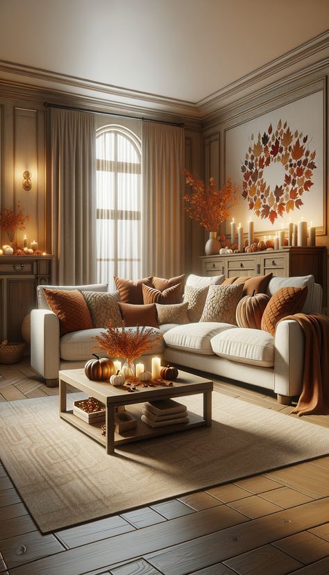 Warm, autumn-themed living room with beige sectional sofa, a cozy blanket, decorative pillows, wooden coffee table, and natural light enhancing the cozy ambiance. Beige Living Room Brown Couch, Cozy Brown Aesthetic, Brown And Yellow Living Room Ideas, Beige Couch Fall Decor, Orange Brown Apartment, Autumnal Lounge Living Rooms, Autumn Living Room Ideas, Warm Interior Design Cozy Living Rooms, Autumn Cushions Living Rooms