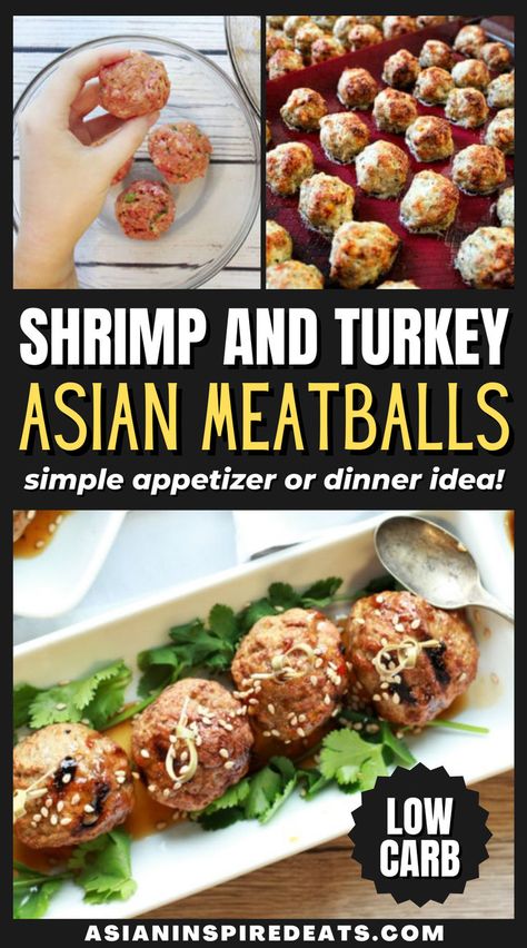 Looking for a healthy seafood appetizer that's a cinch to make? Here it is! These super juicy Low Carb Shrimp and Turkey Meatballs feature aromatic Asian seasonings and a heavenly sweet and spicy glaze, making them a perfect appetizer! Perfect for entertaining, dinner parties, game day or enjoy appetizers for dinner for busy weeknights. Shrimp Meatballs, Appetizers For Dinner, Low Carb Shrimp, Meatball Appetizer, Easy Turkey Meatballs, Asian Seasoning, Asian Meatballs, Simple Appetizer, Entertaining Dinner