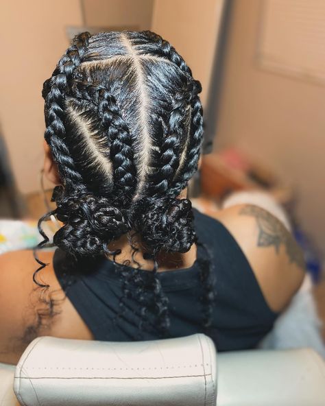 FOUR CRISS CROSS BRAIDS IN BUN w/ curls added 🩷 Duration : 1HR & 45 mins ⏰ Price: $90 hair included Located: Phoenix, AZ 623 . . . If your viewing || Follow @theonlybraidbrat 🫧🥼 Booking site link in bio 📆 📱 (480)772-1857 for any questions #fyp #azbraider #stitchbraids #phoenixaz Braided Two Buns, Braids In Bun, Criss Cross Braids, 90 Hair, Cross Braids, Two Buns, Stitch Braids, Braids With Weave, Phoenix Az