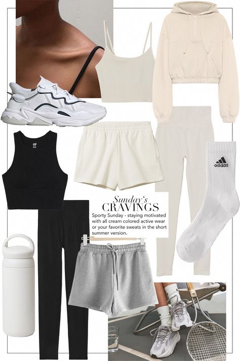 Sunday's Cravings: Ozweego sneakers ADIDAS ORIGINALS. Seamless sport bralette H&M. Cotton-blend hoodie ALO YOGA. High neck sport bralette H&M. Cream sweatpants shorts WEEKDAY. Seamless sport tights H&M. Training socks ADIDAS. Day Off tumbler KINTO. Seamless yoga leggings ARKET. Grey sweatpants short & OTHER STORIES. Mode Dope, Thermo Leggings, Beauty Lifestyle, Mode Inspiration, Comfy Outfits, About Fashion, Minimalist Fashion, Sport Fitness, Sport Outfits