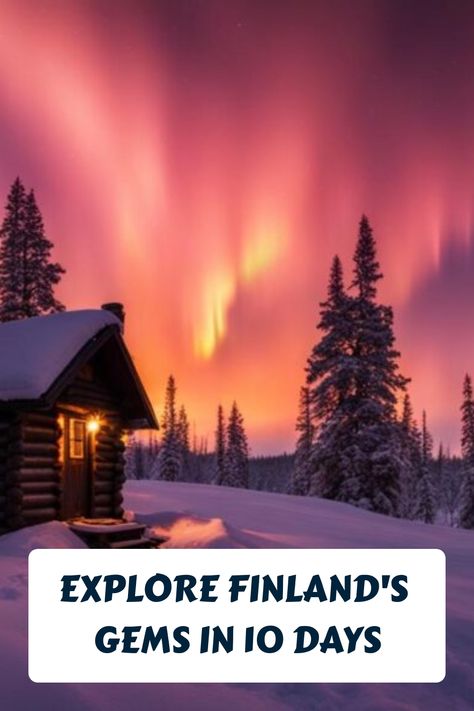 Northern lights over a snowy cabin with the text "Explore Finland's Gems in 10 Days". Finland Itinerary, Finland Trip, Serbia Travel, Scandinavia Travel, Spring Trip, Day Plan, Hidden Treasures, Travel Itinerary, Hidden Gems