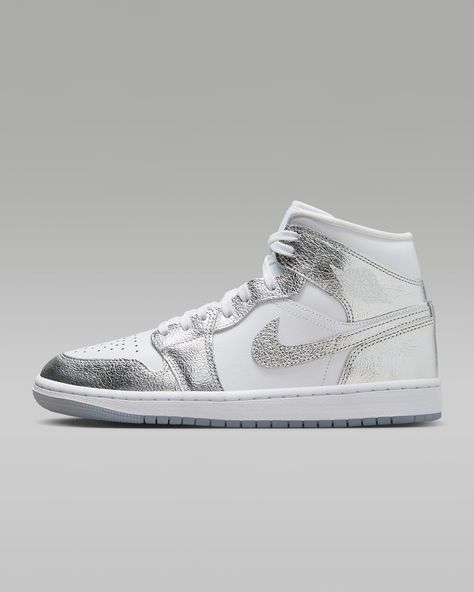 Air Jordan 1 Mid SE Women's Shoes. Nike.com Gray And White Jordans, Jordan Shoes For Women, Jordan Shop, Michael Jordan Shoes, Air Jordan 1 Mid Se, White Jordans, Nike Air Jordan 1 Mid, Silver Sneakers, Black And White Shoes