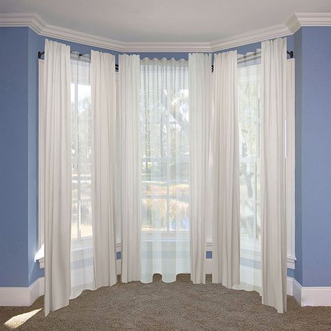 Window Upgrade, Bay Window Curtain Rods, Double Window Curtains, Bay Window Rod, Bay Window Treatments, Bay Window Living Room, Bay Window Curtain Rod, Bay Window Curtain, Window Kitchen