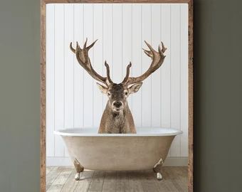 Funny Deer Art Print | Etsy Cottage Bathroom Decor, Deer Art Print, Deer Poster, Rustic Bathroom Decor, Deer Art, Farmhouse Art, Rustic Art, Abstract Wall Decor, Clawfoot Tub