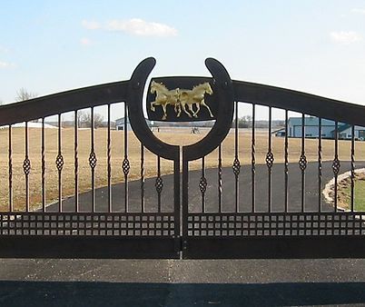 Iron Gates Driveway, Entrance Gates Driveway, Metal Fence Gates, Yard Entrance, Gate Design Ideas, Stable Yard, Metal Driveway Gates, Farm Entrance, Ranch Gates