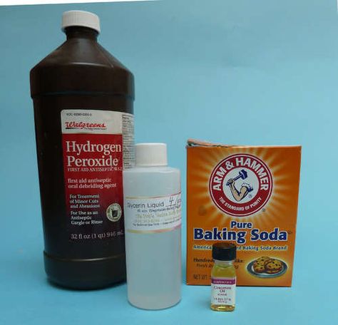 Homemade Toothpaste: Basic Ratio:    6 parts baking soda : 1 part vegetable based glycerin : 1 part hydrogen peroxide solution : flavor to taste    This makes a nice paste.  To make a smoother mix, reduce the soda.  To omit the glycerin, increase the peroxide. Peroxide Mouth Rinse, Hydrogen Peroxide Mouthwash, Diy Mouthwash, Baking Soda Hydrogen Peroxide, Homemade Toothpaste Recipe, Diy Toothpaste, Baking Soda Toothpaste, Peroxide Uses, Toothpaste Recipe