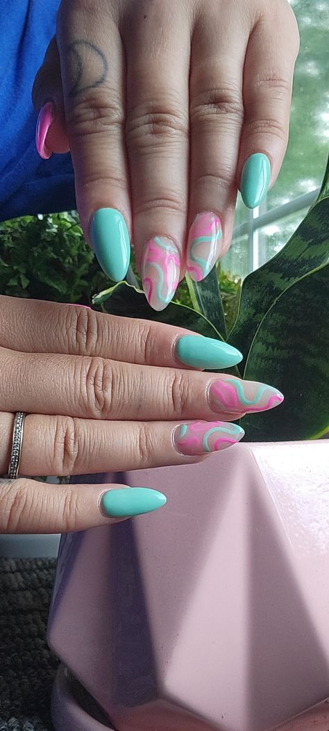 Minimalist nail art full set nail design inspo IG @ Nailsby.danny 
Ig @ SpicyAivy Cyan Nails Design, Teal And Pink Nails Ideas, Teal Pink Nails, Pink And Aqua Nails, Pink Teal Nails, Pink And Teal Nails Design, Turquoise And Pink Nails, Teal Almond Nails, Turquoise Summer Nails