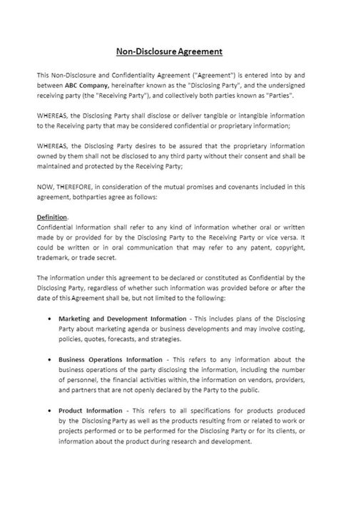 A nondisclosure agreement (NDA), also known as a confidentiality agreement, is a legal contract that prohibits the disclosure of confidential
business information, such as trade secrets, marketing plans, or client lists.

Most commonly used by employers, businesses in various industries rely on NDAs to prevent sensitive information from becoming public knowledge. Marketing Plans, Letter Templates Free, Employee Handbook, Non Disclosure Agreement, Pages Template, Word Form, Business Ownership, Contract Agreement, Business Information