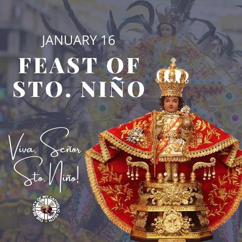 1/3 January 16 | ChurchCelebration | FEAST OF THE STO. NIÑO The Feast of the Sto. Niño is a religious celebration unique to the Philippines. The Spanish title “Sto. Niño” means “Holy Child”. Filipinos have a strong devotion to the Holy Child as can be seen through the presence of the Sto. Niño’s image everywhere. The devotion to the Child Jesus is as old as Christianity itself in the Philippines. Colorful festivals such as the Sinulog in Cebu tell the story of the arrival of Christianity ../2 Sto Nino Image, Sto Nino, First Sunday Of Advent, Sunday Worship, Blessed Sunday, Texture Graphic Design, Child Jesus, Eucharist, Cebu